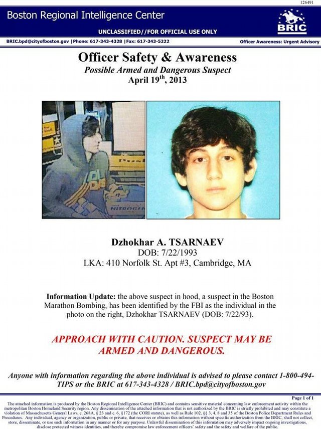 Dzhokhar A. Tsarnaev FBI wanted poster