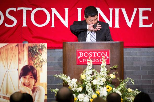 The family of Chinese graduate student Lu Lingzi attended a memorial service at Boston University for their daughter