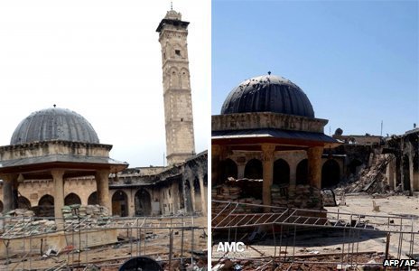 The minaret of Umayyad Mosque, one of Syria's most famous, has been destroyed during clashes in the northern city of Aleppo