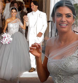 Adriana De Moura wore a grey rhinestone-embroidered one-sleeve princess gown with a tulle skirt
