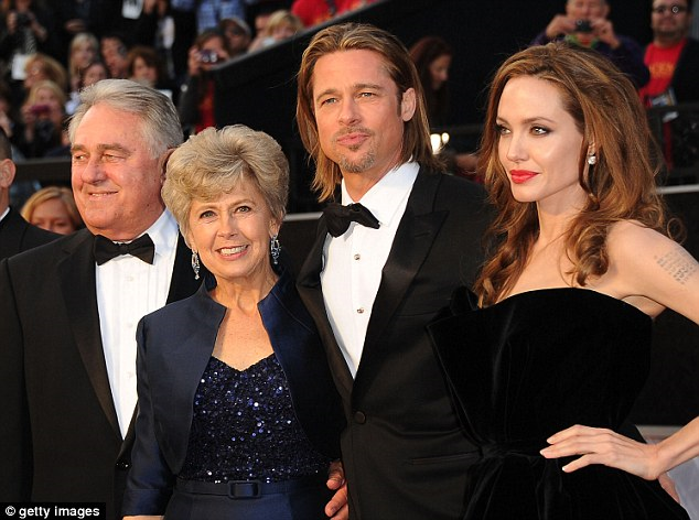 Angelina Jolie with her fiancé Brad Pitt and his mother Jane and father William at the Oscars in 2012