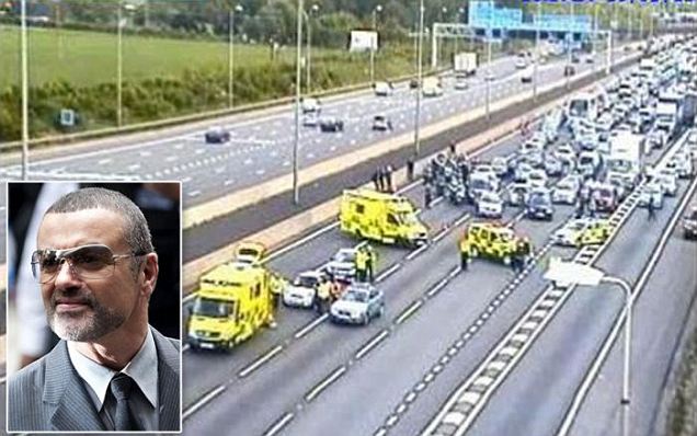 George Michael was involved in a crash in his Range Rover during rush hour on the M1 motorway near St Albans, Hertfordshire