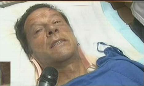 Imran Khan is recuperating in hospital after falling off a makeshift lift that was taking him onto a stage at an election rally in Lahore