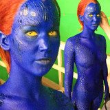 Jennifer Lawrence is covered in blue to record scenes in the Days of Future Past edition of X-Men franchise