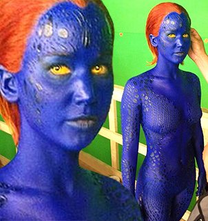 Jennifer Lawrence is covered in blue to record scenes in the Days of Future Past edition of X-Men franchise