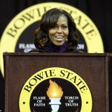 Michelle Obama debuted her new longer hairdo on Friday during her commencement address at Bowie State University