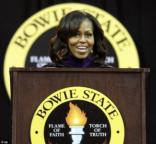 Michelle Obama debuted her new longer hairdo on Friday during her commencement address at Bowie State University