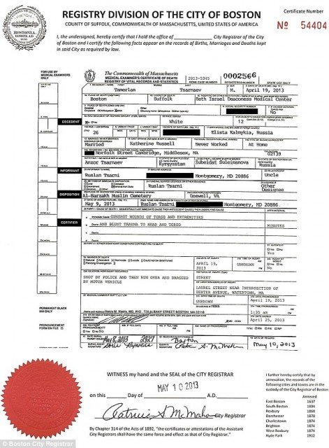 Tamerlan Tsarnaev's death certificate showed that he was shot in the firefight and then run over and dragged by a vehicle
