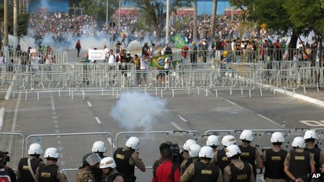 Police have used tear gas to stop protesters from approaching a football stadium during a Brazil-Uruguay Confederations Cup match