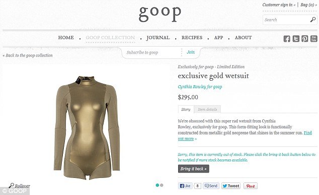 Gwyneth Paltrow is selling a $295 golden wetsuit by Cynthia Rowley on her website Goop