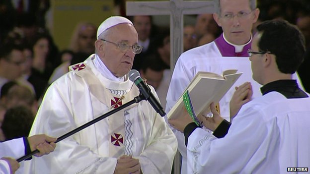 Pope Francis has arrived at the Shrine of Our Lady of Aparecida in the Brazilian state of Sao Paulo to hold the first Mass of his trip to Latin America