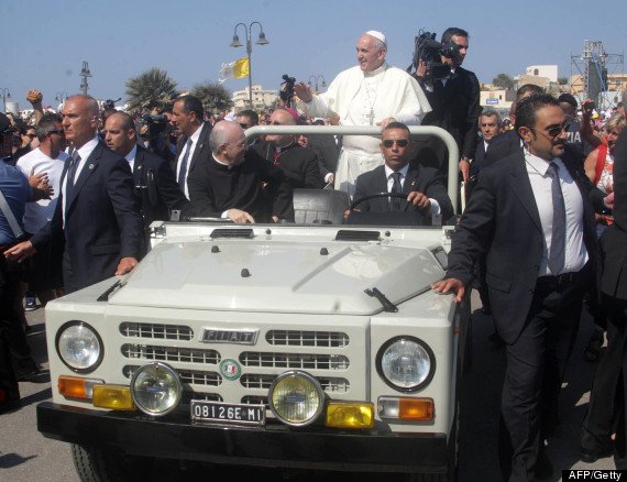 Pope Francis is visiting the tiny island of Lampedusa, where instead of tooling around in the popemobile, he's making his rounds in a borrowed 20-year-old Fiat Campagnola