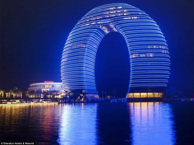 The 27-storey Sheraton Huzhou Hot Spring Resort, looms over the skyline of Huzhou, near Shanghai