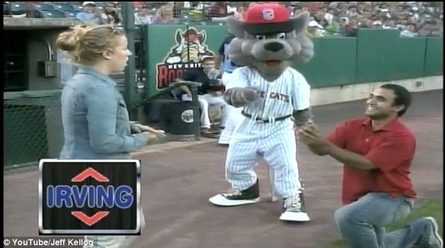 David was thrown a curve ball after asking his girlfriend Jessica to marry him at a New Britain Rock Cats minor league game in Connecticut