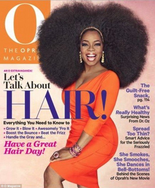 Oprah Winfrey graces the cover of her O magazine in huge 3.5 lbs afro wig