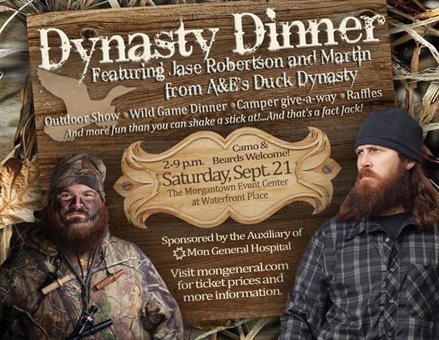 Jase Robertson and Justin Martin of Duck Dynasty will join the Auxiliary Of Mon General Hospital at the Waterfront Place Hotel and Morgantown Event Center