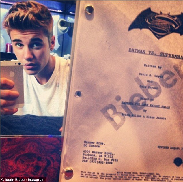Justin Bieber posted a photo of his very own copy of the Batman Vs. Superman script