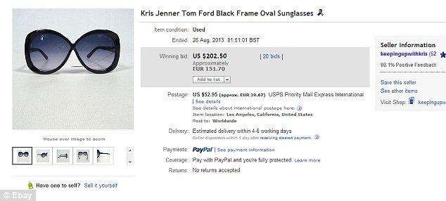 Kris Jenner was slammed on eBay after a customer bought a pair of Tom Ford black frame oval sunglasses from her