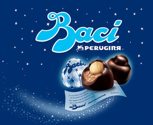 Perugina's Baci chocolate bonbons are filled with hazelnut chocolate cream, topped with a whole hazelnut, and wrapped in a love note