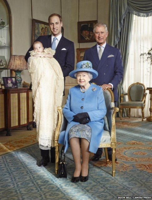 The Queen is shown with her son, the Prince of Wales, grandson, the Duke of Cambridge, and great-grandson, Prince George, to mark the royal christening
