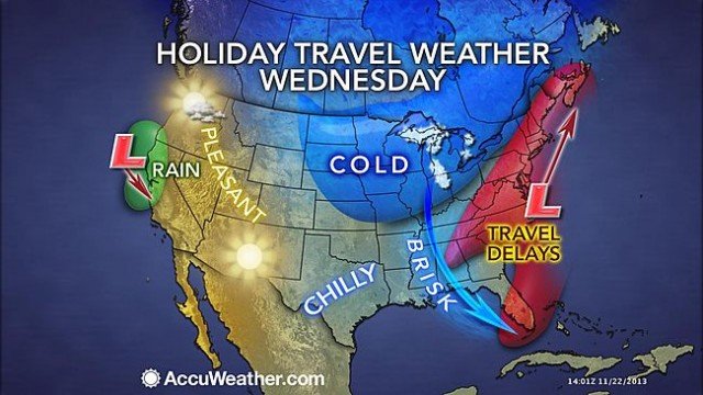 Thanksgiving travelers in the East and South on Tuesday and Wednesday will face trouble as a storm brings most areas rain but could also bring heavy snow to a narrow swath