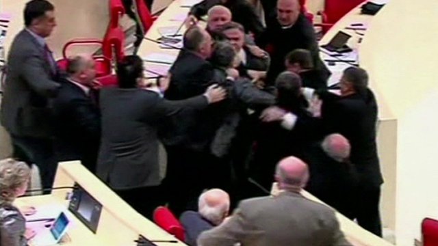 A fight between majority and opposition erupted in the Georgian parliament over plans to support the Ukrainian opposition for European integration