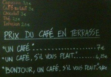 Price list at Le Petite Syrah cafe in Nice
