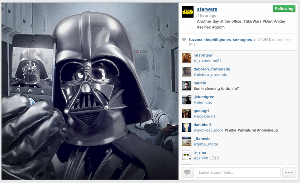 Star Wars launched its official Instagram account by posting a selfie of Darth Vader