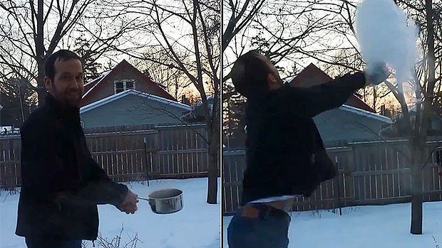 Meteorologist Eric Holthaus demonstrates what happens when you toss a pot of boiling water into the sky when it is -21°F with a wind chill of -51°F