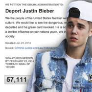 The online petition requesting Justin Bieber's expulsion from the US attained 100,000 signatures