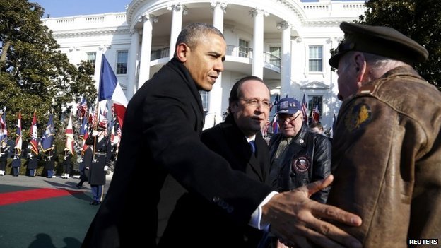 Francois Hollande was greeted by a military honor guard and blaring brass band on the south lawn of White House
