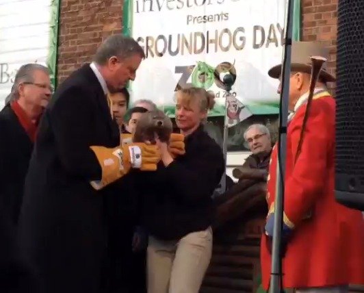 New York City Mayor Bill de Blasio at his first Groundhog Day ceremony on Staten Island