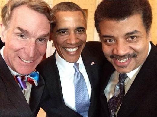 Astrophysicist Neil deGrasse Tyson, Bill Nye the Science Guy and President Barack Obama walk into the White House’s Blue Room and teamed up for a selfie