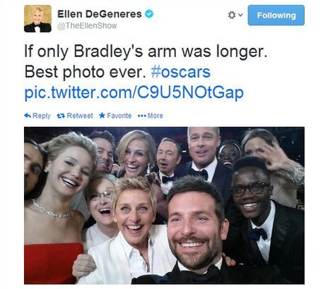 Ellen DeGeneres’ Oscars selfie has become the most re-tweeted image in Twitter's history