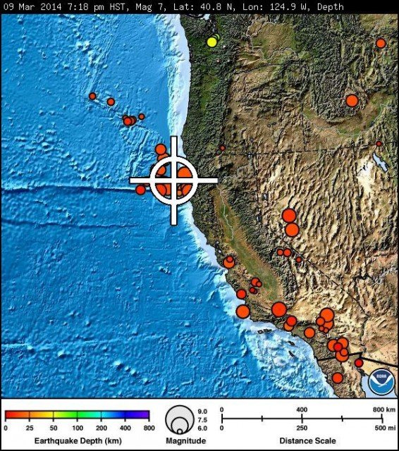 The earthquake epicenter was 48 miles west-northwest of Ferndale and 50 miles west of Eureka at a depth of 4.3 miles