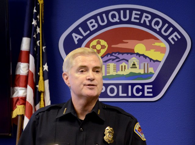 Albuquerque Police Chief Gorden Eden Jr. spoke to reporters after more than 300 people took to the streets Sunday, calling for him and other city officials to resign