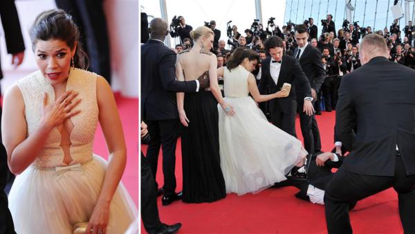 America Ferrera got a bizarre moment at the Cannes Film Festival when a man tried to crawl under her Georges Hobeika Couture dress as she walked the red carpet