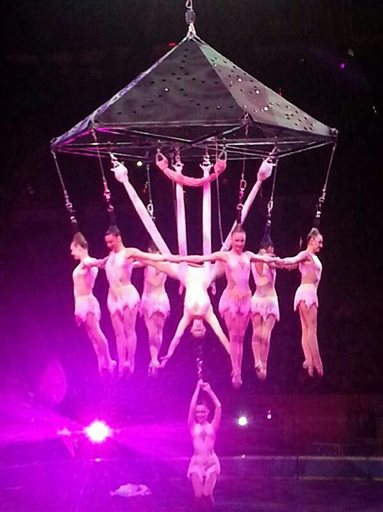 The collapse occurred during an act in which the eight performers hanged from their hair like a human chandelier