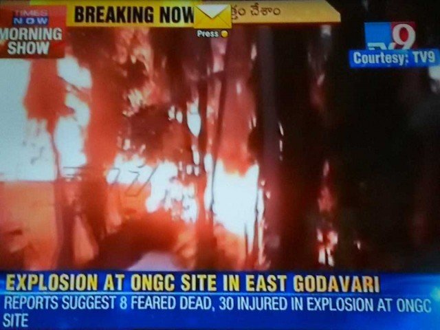 Flames could be seen erupting from a pipeline of the Gas Authority of India Limited in East Godavari district