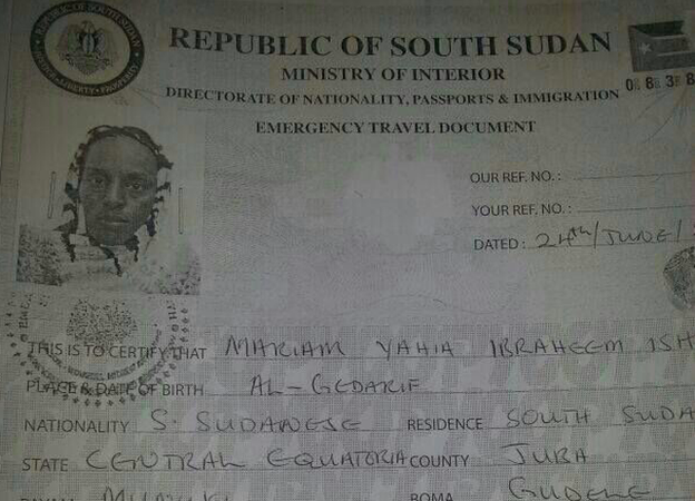Mariam Ibrahim has been charged with forgery relating to the South Sudanese travel document she was carrying