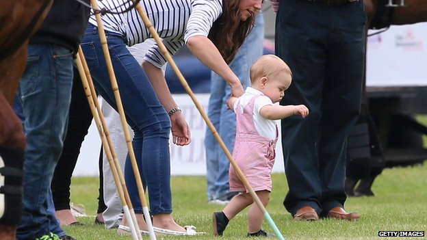 Prince George’s tentative steps were captured on Sunday as Princes William and Harry lined up on opposing sides in the Jerudong Trophy at Cirencester Park Polo Club