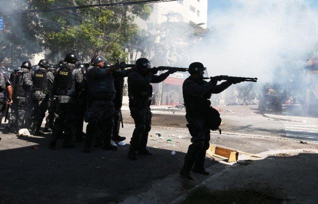 Sao Paulo riot police have used tear gas to break up a protest against Brazil’s World Cup, hours before the opening match