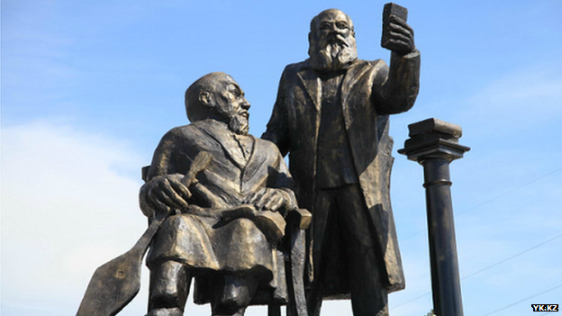 The statue in the city of Ust-Kamenogorsk was built to honor two 19th Century figures