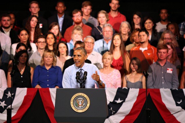 Barack Obama was interrupted by two people while delivering a speech on the economy at the Paramount Theater in Austin