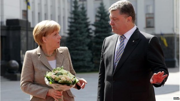 Chancellor Angela Merkel met President Petro Poroschenko in the Ukrainian capital Kiev