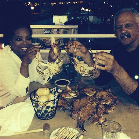 Oprah Winfrey enjoying a seafood dinner with her longtime partner Stedman Graham at Captain James Landing in Baltimore