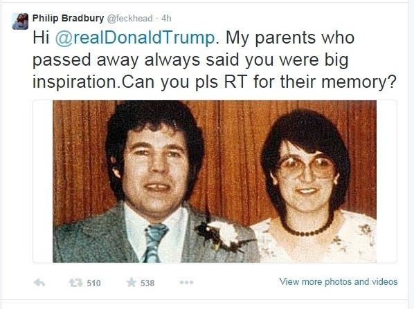 Donald Trump said he may sue the Twitter user who tricked him into retweeting the image of Fred and Rose West