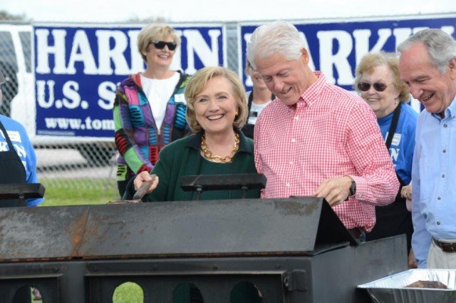 Hillary and Bill Clinton were to headline Senator Tom Harkin's annual steak fry fundraiser in rural Indianola