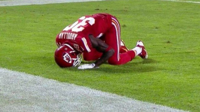 Husain Abdullah has been penalized after celebrating a touchdown by dropping to his knees in prayer