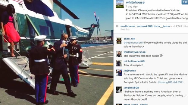 Many Americans took to Twitter to condemn President Barack Obama after he appeared to salute Marine Corps guards holding a coffee cup in his right hand